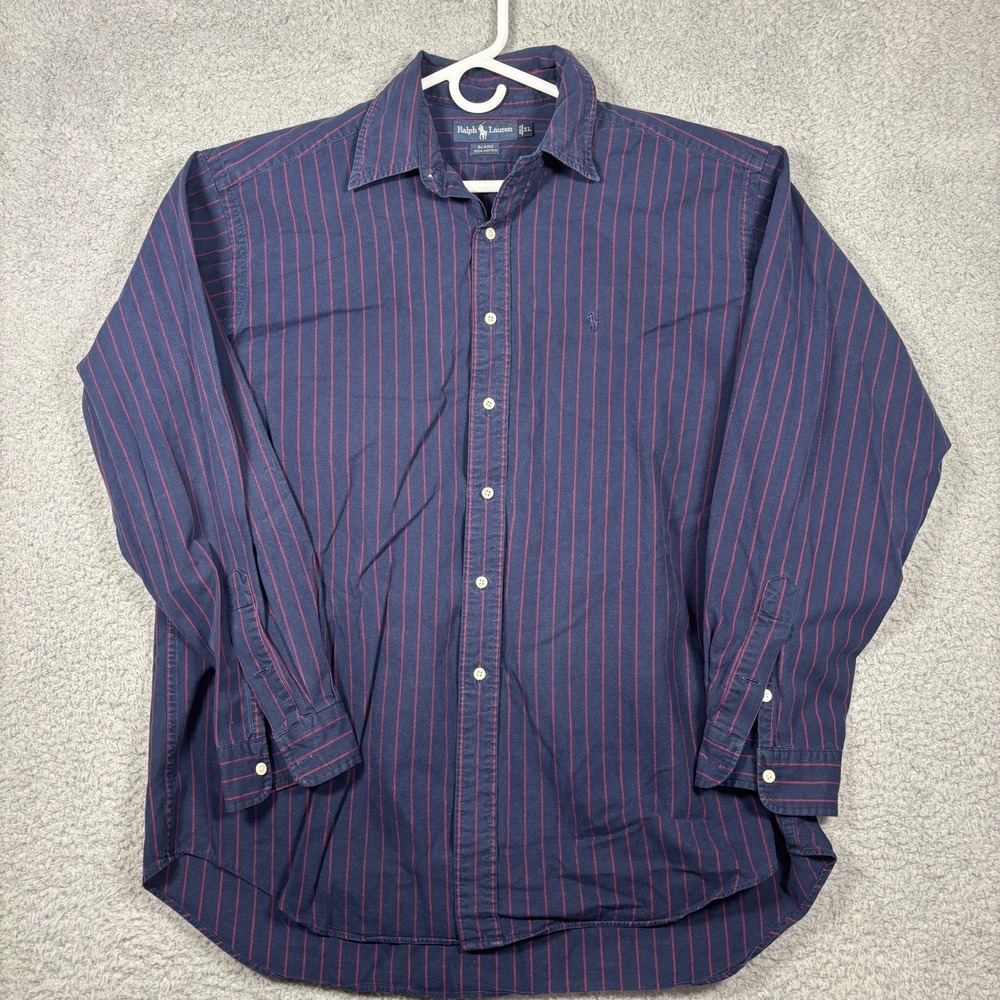 Polo Ralph Lauren Button Down Men XL Navy Red Blaire Striped Cotton Long Sleeve
